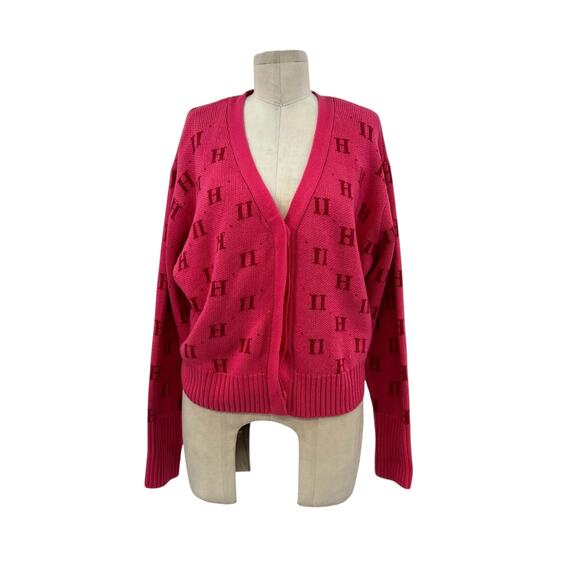 11 Honore Angie Cardigan Sweater 11h Monogram Print Pink Plus Size 1 14-16 - Picture 2 of 13